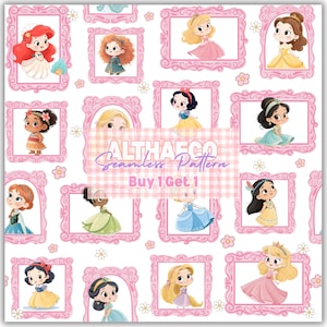 Pode incluir: Padrão sem costura com ilustrações de princesas de desenhos animados em molduras cor-de-rosa sobre fundo branco. A imagem inclui o texto "ALTHAECO Seamless Pattern" e "Buy 1 Get 1".