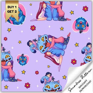 May include: Seamless pattern with cartoon blue cats and girls hugging them, set against a light purple backdrop with stars and flowers. The text "Buy 1 Get 2" is in the upper left corner.