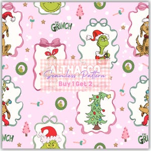 May include: A seamless pattern on a light pink background featuring The Grinch, Max the dog, and Christmas trees inside decorative frames. The design includes candy canes, stars, and small pink trees, with text reading ALTHAECO Seamless Pattern Buy 1 Get 2.