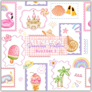 Puede incluir: Un patrón sin costuras con ilustraciones en acuarela de temas de verano y playa. El diseño incluye un flamenco rosa, un castillo de arena, conchas marinas, helados y palmeras. También está presente el texto "ALTHAECO Seamless Pattern Buy 1 Get 3".