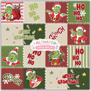 Puede incluir: Un patrón digital sin costuras con una cuadrícula de cuadrados con personajes Grinch verdes con trajes de Papá Noel, texto rojo y verde que dice HO HO HO y MERRY GRINCHMAS, bastones de caramelo y estrellas. Una etiqueta central dice ALTHAFCO 300 DPI 12x12 HD.