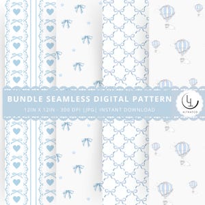 Blue Toile Digital Paper, Coquette Bow Patterns, Preppy Backgrounds, Baby Shower, Digital Scrapbooking, Blue & White Printable Paper Set