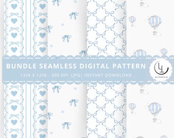 Blue Toile Digital Paper: Coquette Bow Patterns (Digital Download)