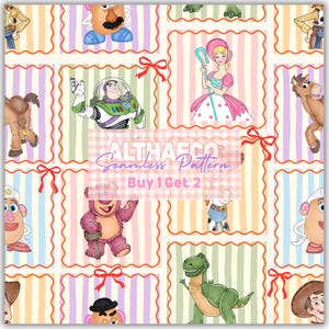 May include: A seamless pattern featuring cartoon characters from Toy Story, including Buzz Lightyear, Bo Peep, Lotso, and Mr. Potato Head, arranged in square frames with red bows. The background consists of vertical pastel stripes in pink, yellow, and green.