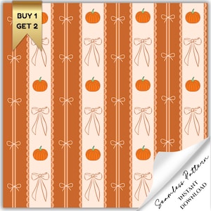Coquette Pumpkin Bow Seamless Pattern: Fall Digital Paper (JPEG, PNG, PDF)