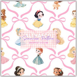 May include: Seamless pattern featuring cartoon princesses and pink bows on a white background. The princesses are in various dresses. The text "ALTHAECO Seamless Pattern" is displayed on a checkered background.