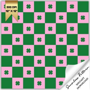 Può includere: Motivo senza cuciture con un motivo a scacchiera rosa e verde. Ogni quadrato rosa contiene un quadrifoglio verde. Il motivo misura 30,48 cm x 30,48 cm ed è disponibile per il download immediato.