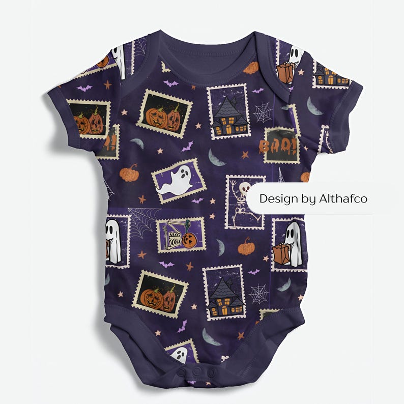May include: A dark purple baby bodysuit featuring a repeating pattern of postage stamp-style illustrations including ghosts, skeletons, pumpkins, haunted houses, and spiderwebs. The text Design by Althafco is printed on a white rectangular overlay.