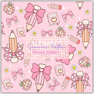 Back to School Seamless Pattern, Girly Teacher Seamless, Cute Pastel School Supplies Digital Paper, Coquette Background (Digital Download)
