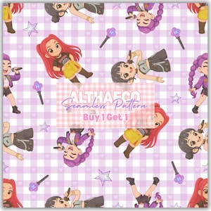 May include: Seamless pattern featuring cartoon figures of singers with microphones, set against a light purple gingham background with stars and hearts. The text "ALTHAECO Seamless Pattern" and "Buy 1 Get 1" is also present.
