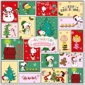 May include: A digital collage featuring Peanuts characters in various Christmas scenes, including Snoopy with a snowman, a decorated tree, and Woodstock. The text includes Merry Christmas, Yo Yo Yo, and Ho Ho Ho, with a central Althafco logo.