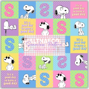 May include: A seamless digital pattern featuring Snoopy in various poses, the letter S in different colors, and the repeating text 'it's a good day to have a good day' set against a grid of pastel squares in pink, yellow, blue, purple, and green.