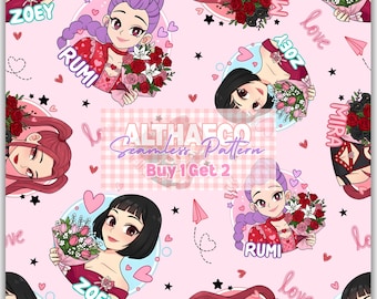 Patrón sin costuras de Kpop Demon Hunters para San Valentín, descarga digital