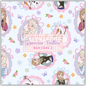 May include: A light blue seamless pattern featuring cartoon characters Elsa, Anna, and Olaf from the movie Frozen. The design includes floral and snowflake accents, framed portraits, and the text "ALTHAECO Seamless Pattern Buy 1 Get 2".