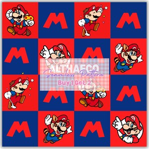May include: Seamless pattern featuring the character Mario in various poses, set against a grid of red and blue squares. The letter "M" is prominently displayed. The text "ALTHAECO Seamless Pattern Buy 1 Get 2" is also visible.