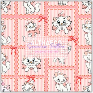 Könnte beinhalten: Ein nahtloses Muster mit weißen Cartoon-Kätzchen mit rosa Schleifen in quadratischen Rahmen auf einem hellrosa gestreiften Hintergrund. Das Design enthält rote Schleifenakzente und den Text ALTHAECO Seamless Pattern 300 DPI 12" X 12" HD.
