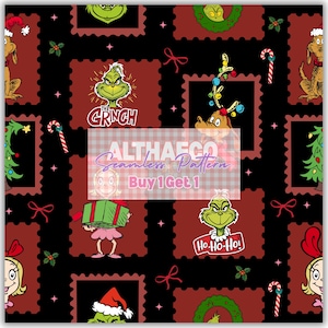 May include: A seamless pattern featuring The Grinch characters, Christmas trees, candy canes, and holly on a black background with dark red postage stamp-style frames. The text ALTHAECO Seamless Pattern Buy 1 Get 1 is overlaid in the center.