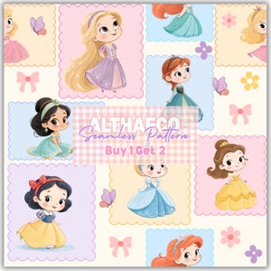 Pode incluir: Um padrão sem costura com ilustrações de desenhos animados de várias princesas em vestidos coloridos. O design inclui borboletas, laços e elementos florais, com o texto "ALTHAECO Seamless Pattern" e "Buy 1 Get 2". O fundo é um padrão claro quadriculado.
