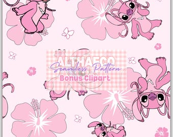 Pink Alien Seamless Pattern, Flower Background, Kawaii Fabric (Digital Download)