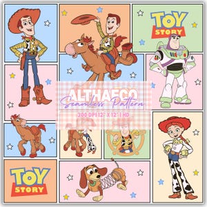 Puede incluir: Un patrón sin costuras con personajes de la película animada "Toy Story". El diseño incluye a Woody, Buzz Lightyear, Jessie y Slinky Dog, sobre fondos coloridos con acentos de estrellas. También aparece el texto "Toy Story".