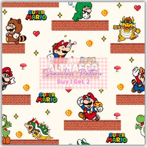 May include: A repeating pattern featuring characters from the Super Mario video game series. The design includes Mario, Bowser, Yoshi, and other familiar elements like coins, bricks, and mushrooms. The background is a light cream colour.