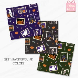Trendy Spooky Stamp Frames Seamless Pattern for Halloween, Pumpkin Patchwork Pattern Paper (Instant Download) image 2