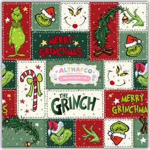 May include: A seamless pattern featuring The Grinch in various poses, Christmas trees, candy canes, and red, green, and cream rectangular blocks. Text includes MERRY GRINCHMAS, THE GRINCH, and ALTHAFCO seamless pattern 300 DPI 12x12 HD.