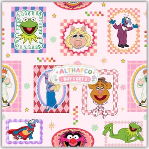 May include: A light pink seamless pattern featuring various Muppets characters in framed illustrations, including Kermit the Frog, Miss Piggy, Gonzo, and Fozzie Bear. The centre includes a label with the text ALTHAFCO and BUY 1 GET 2.