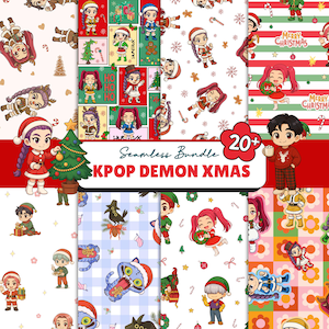 May include: A seamless bundle of Christmas-themed KPOP Demon designs. The patterns feature cartoon characters in festive outfits, snowflakes, candy canes, and Christmas trees. The text "KPOP DEMON XMAS" and "20+" are also visible.