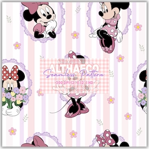 May include: Seamless pattern featuring Minnie Mouse in various poses, set against a backdrop of vertical stripes in pink and lavender. The design includes floral accents and decorative oval frames, creating a whimsical and playful aesthetic.
