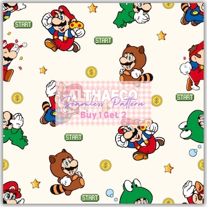May include: Seamless pattern featuring cartoon characters in red, blue, green, and brown. The design includes stars, coins, and the word "START" in green boxes. The text "ALTHASCO Seamless Pattern Buy 1 Get 2" is also present.