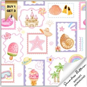 Puede incluir: Un patrón sin costuras con ilustraciones en acuarela de elementos temáticos de verano y playa. Incluye un flotador de flamenco rosa, un castillo de arena, conchas marinas, una estrella de mar, helado y un arcoíris, todo dentro de marcos decorativos. El texto "BUY 1 GET 3" es visible.