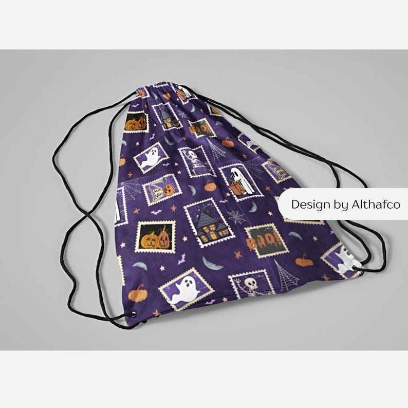 May include: A purple drawstring backpack featuring a repeating pattern of rectangular postage stamp designs. The stamps display Halloween imagery including ghosts, skeletons, pumpkins, haunted houses, spider webs, and the text BOO.