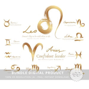 Zodiac png Bundle, Horoscope png, Print File, Zodiac Sublimation Design, Shirt png, Digital Download, Zodiac Gold
