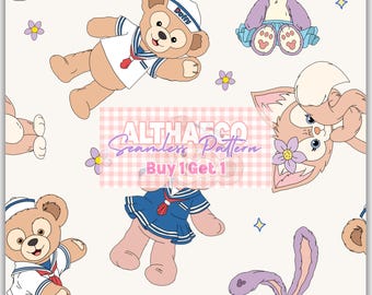 Duffy Bear and Friends Seamless Pattern, 12x12 300 DPI, Instant Download