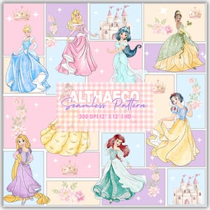 Puede incluir: Un patrón sin costuras con ilustraciones de varias princesas con sus vestidos icónicos. El diseño incluye a Cenicienta, Aurora, Jasmín, Tiana, Bella, Rapunzel, Ariel y Blancanieves, sobre un fondo de bloques de color pastel con detalles florales y de castillo.