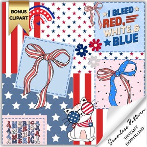 May include: A patriotic seamless pattern featuring red, white, and blue elements. Includes stars, stripes, bows, and the text "I Bleed Red, White, & Blue." A white cat wearing star-spangled glasses and a scarf is also featured.
