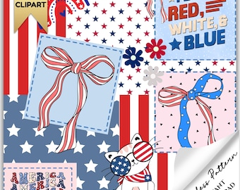 Patriotic Floral Patchwork Seamless Pattern: July 4th Digital Paper Background