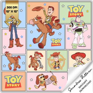 May include: A colorful seamless pattern featuring characters from the animated film Toy Story. The design includes images of Woody, Buzz Lightyear, Jessie, and other characters, set against pastel backgrounds. The pattern is 12" x 12".