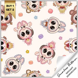 Kawaii Labubu Monsters Seamless Pattern: Digital Paper,JPG, PNG, PDF (12x12 inches) (Digital Download)