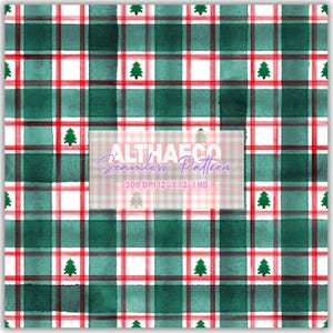 May include: A digital seamless pattern featuring a watercolor plaid design in dark green, white, and red. Small green Christmas trees with yellow stars are placed within the white squares. Text reads ALTHAECO Seamless Pattern 300 DPI 12" X 12" HD.