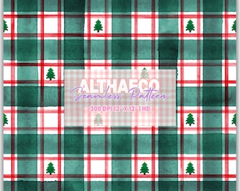 May include: A digital seamless pattern featuring a watercolor plaid design in dark green, white, and red. Small green Christmas trees with yellow stars are placed within the white squares. Text reads ALTHAECO Seamless Pattern 300 DPI 12" X 12" HD.