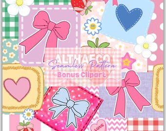 Strawberry Bow Patchwork Seamless Pattern, Summer Repeat Digital Paper for Personal and Commercial use