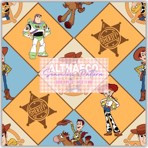 Puede incluir: Patrón sin costuras con personajes de una popular película de animación. El diseño incluye una placa de sheriff, un vaquero, un guardabosques espacial y una vaquera, sobre un fondo geométrico con el texto "ALTHAECO Seamless Pattern".