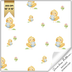 Easter Chick Seamless Pattern, Cute Spring Digital Paper, Baby Chick with Egg Clipart, Pastel Printable, Tulip Nursery Background