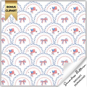 May include: A seamless pattern featuring a repeating design of American flags, bows, and scalloped edges in red, white, and blue. The design includes the text "Bonus Clipart" and "Seamless Pattern Instant Download".