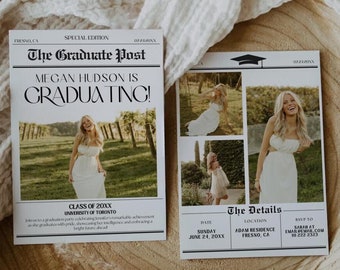 Newspaper Graduation Announcement Template 2026, Graduation Invitation, Graduation Party Invite, College Graduation, Graduation Party 2026