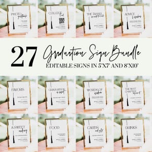 May include: A collection of 27 graduation signs in gold frames, with black text on white backgrounds. Signs include phrases like "Photo Guestbook," "College Fund," and "Advice & Wishes." Signs are available in 5"x7" and 8"x10" sizes.