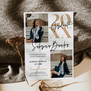 K&ouml;nnte beinhalten: Einladung zu einer Abschlussfeier mit einer goldenen 20 und dem Text "Graduate" in schwarzer Schrift. Die Einladung ist f&uuml;r Sabrina Banks und enth&auml;lt Datum, Uhrzeit und Ort der Feier.
