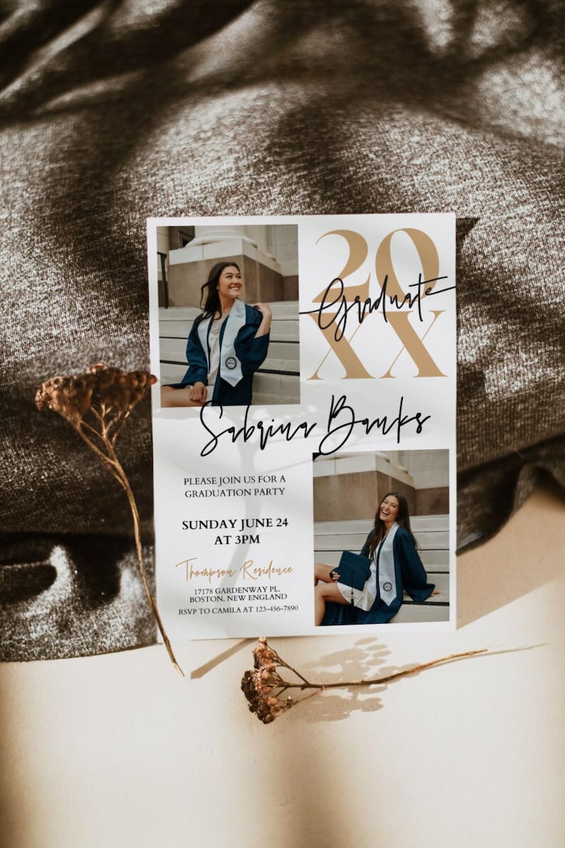 K&ouml;nnte beinhalten: Einladung zu einer Abschlussfeier mit einer goldenen 20 und dem Text "Graduate" in schwarzer Schrift. Die Einladung ist f&uuml;r Sabrina Banks und enth&auml;lt Datum, Uhrzeit und Ort der Feier.